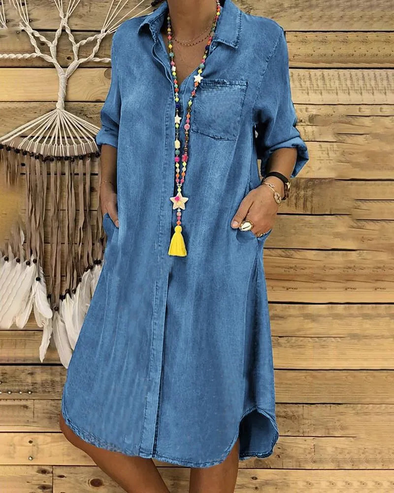 Collared button-front shirt dress in blue, front view