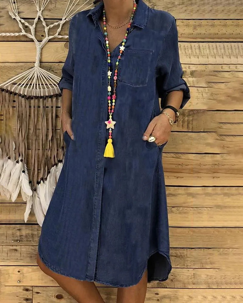 Collared button-front shirt dress in navy blue