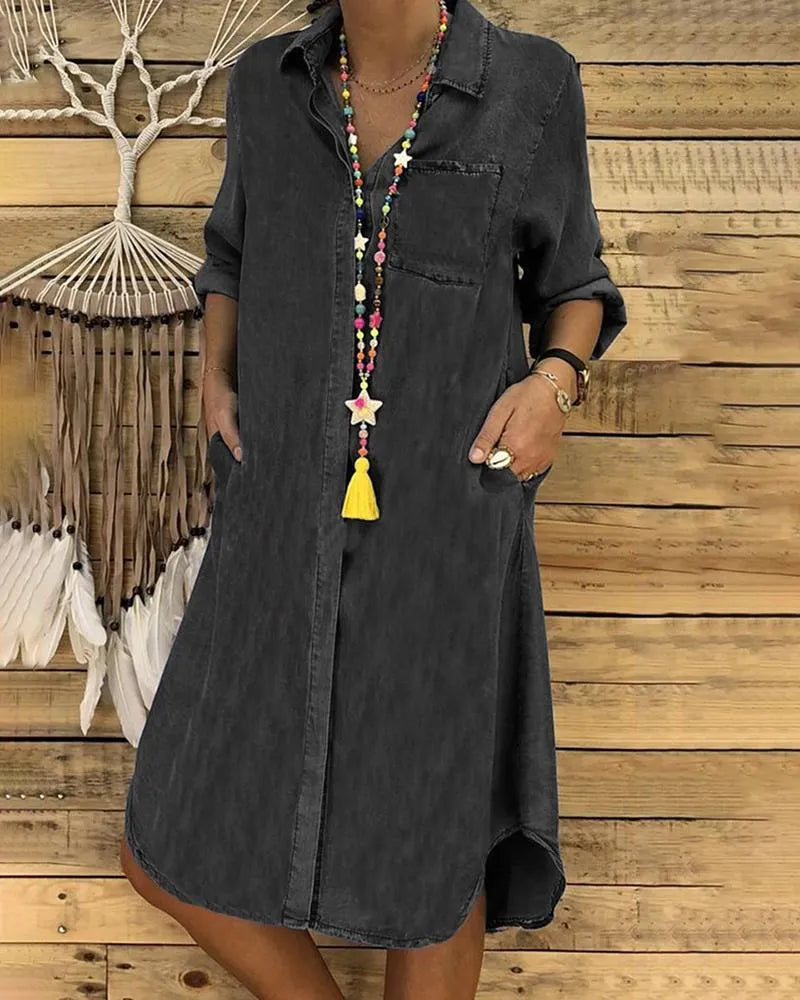 Collared button-front shirt dress in black