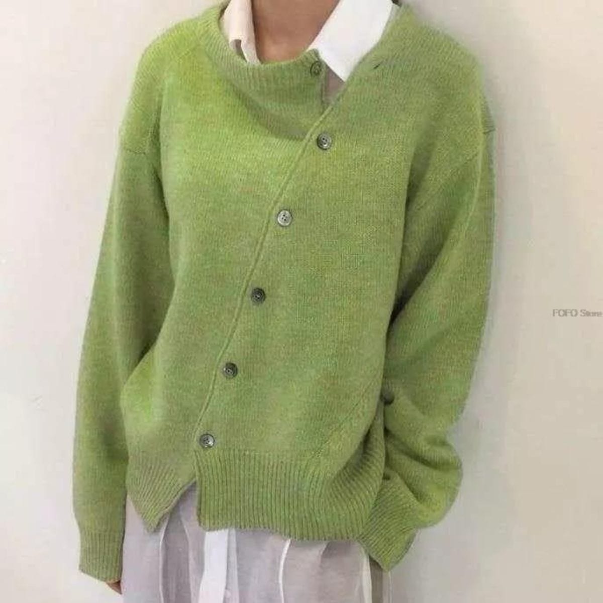 Asymmetric wrap stand collar cardigan in green