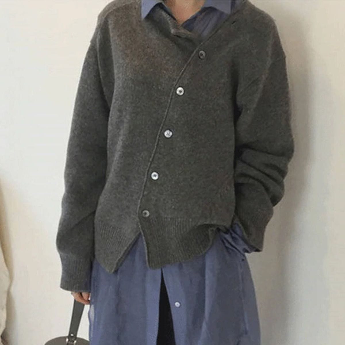 Asymmetric wrap stand collar cardigan in gray