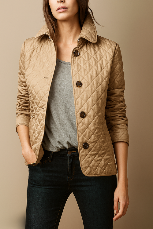 Quilted turn-down collar coat in khaki, front view