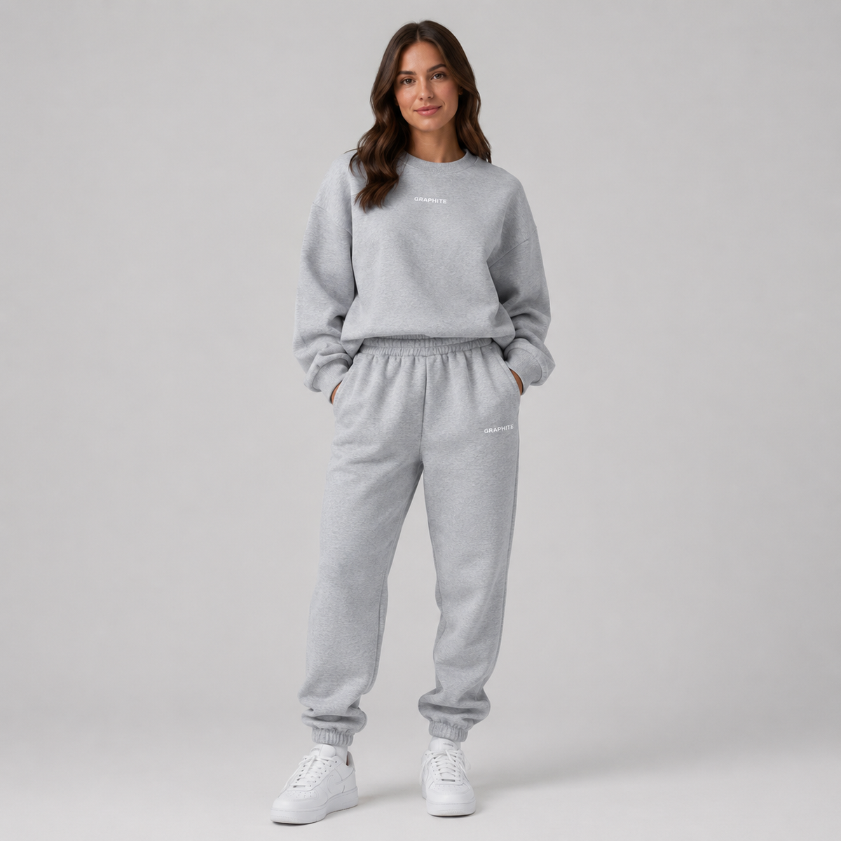 Dropped shoulder tracksuit set in grey, front view