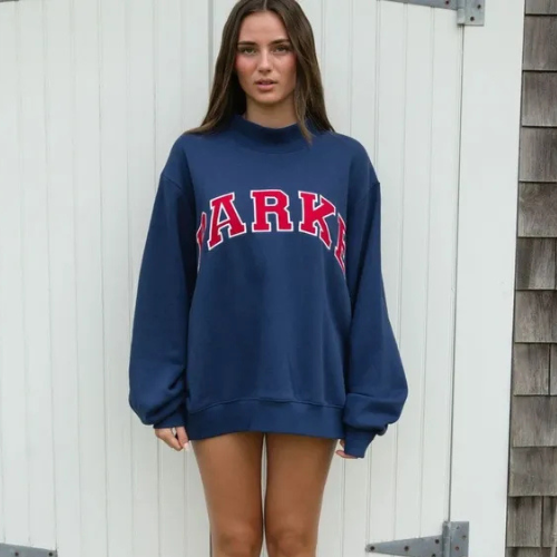 Varsity chenille sweatshirt, navy with red letters