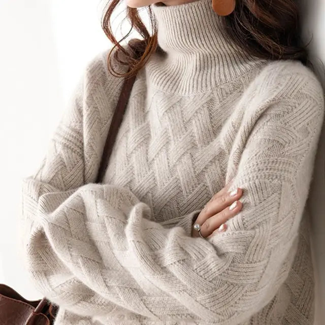 Woven pattern turtleneck sweater in camel