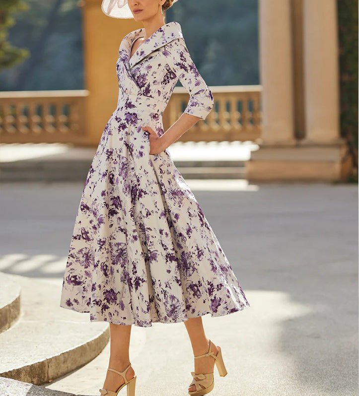Structured floral midi dress, white and purple print