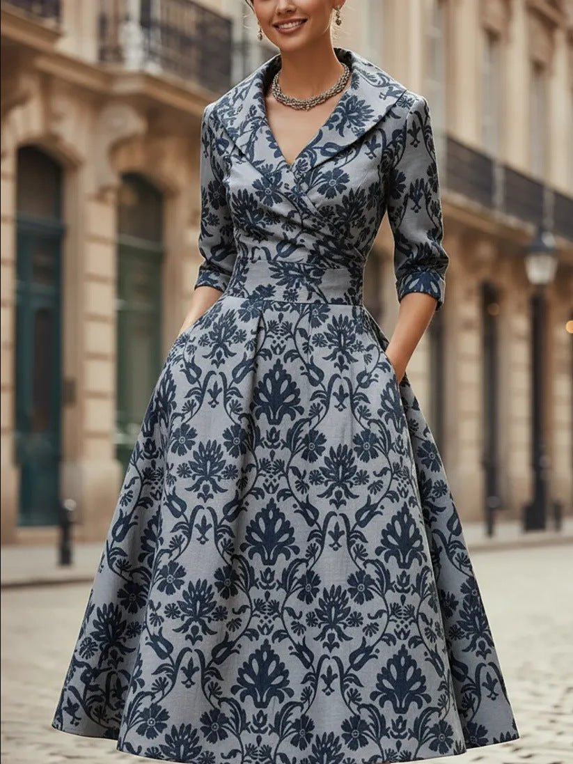 Structured floral midi dress in gray