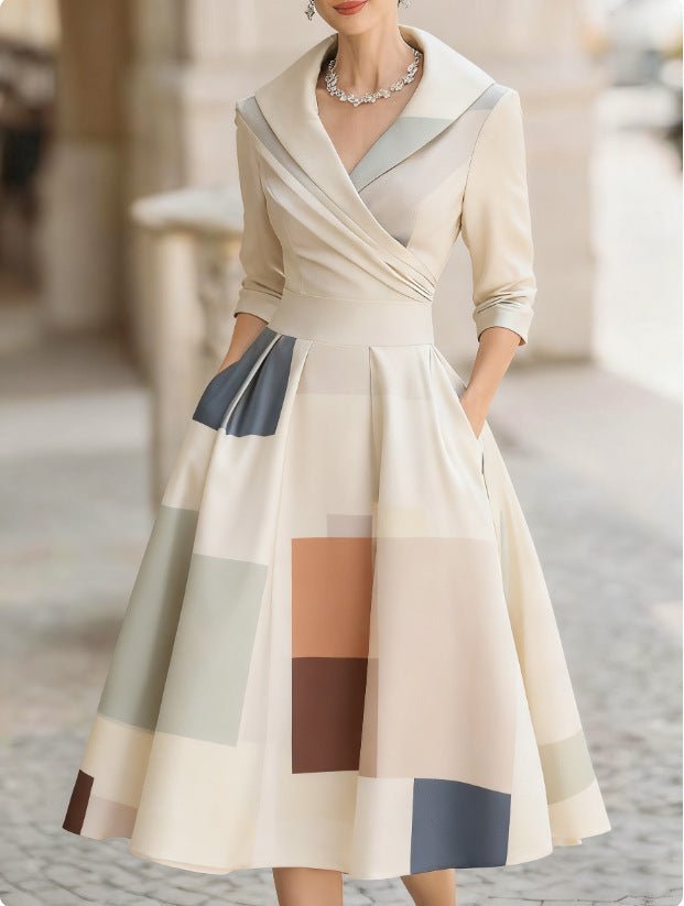 Structured floral midi dress, checkered apricot print