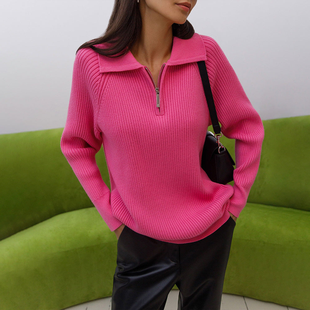Ribbed zip-neck sweater, front view