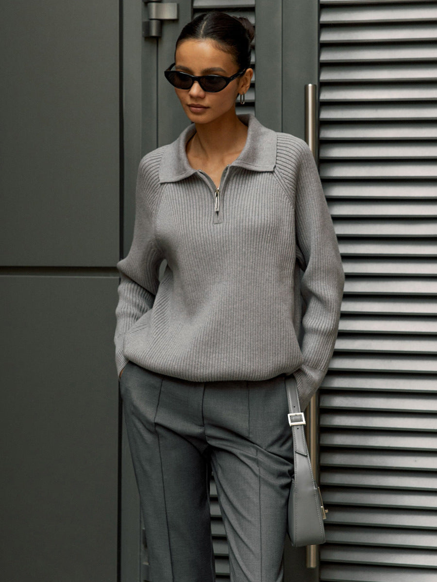 Ribbed zip-neck sweater, side view