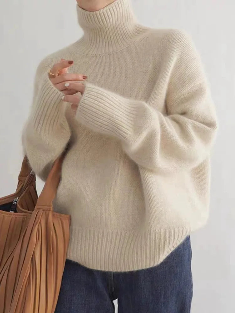 High collar turtleneck sweater in beige, front view