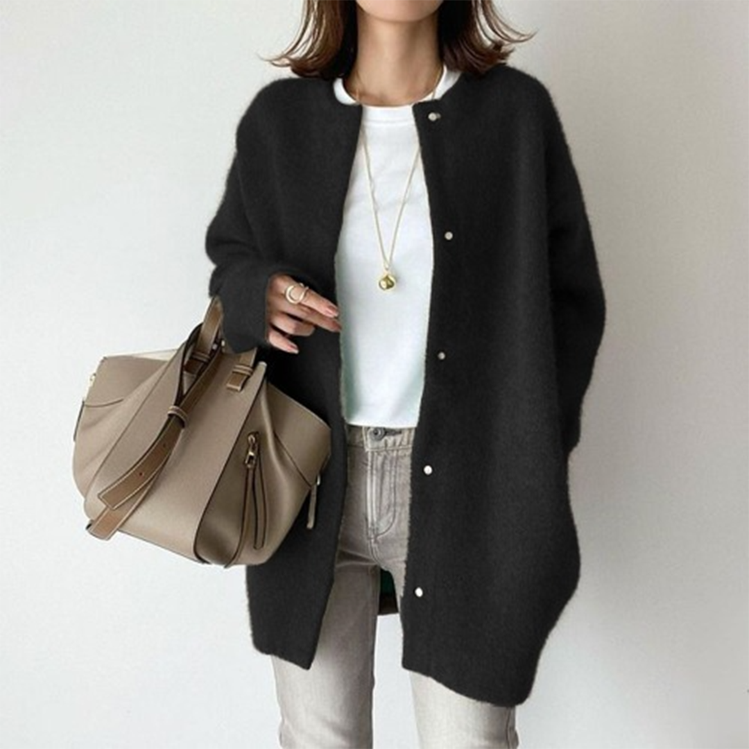 Longline button-front cardigan with pockets in black