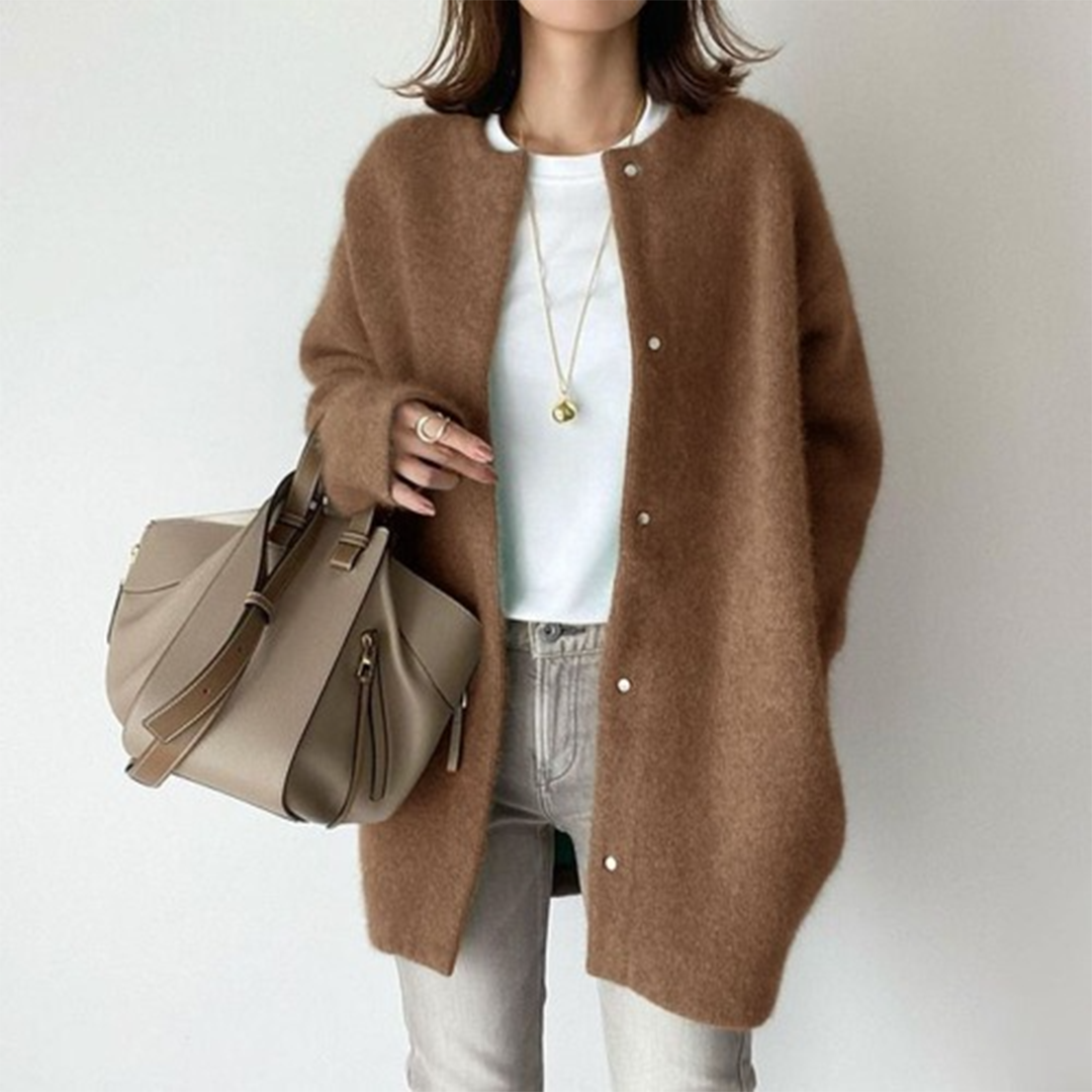Longline button-front cardigan with pockets in brown