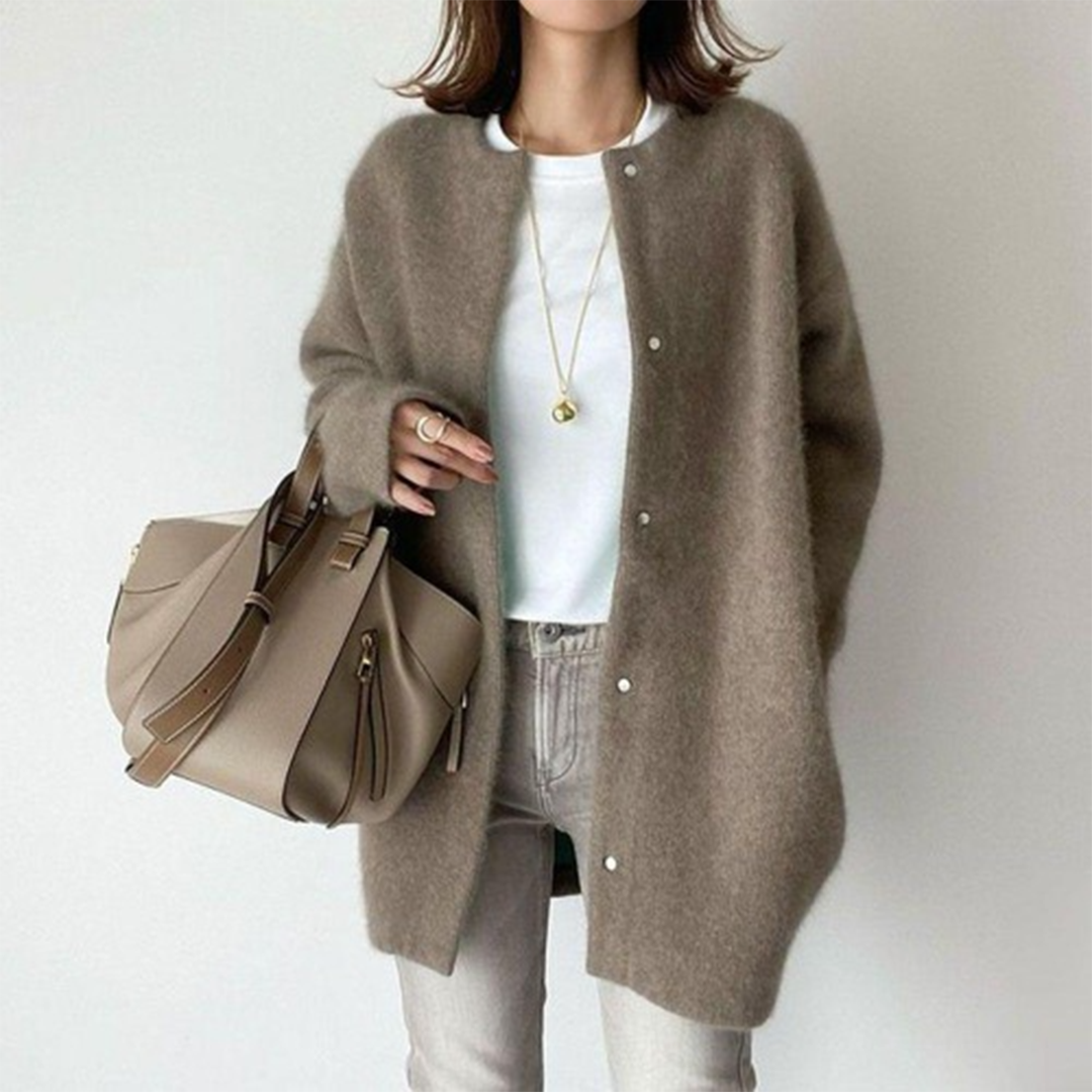 Longline button-front cardigan with pockets in light brown