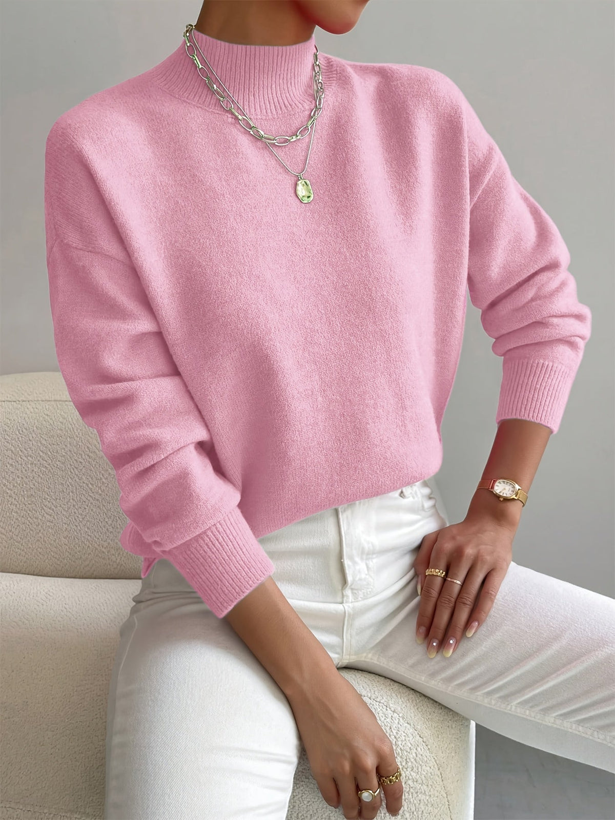 Soft knit turtleneck sweater in light pink