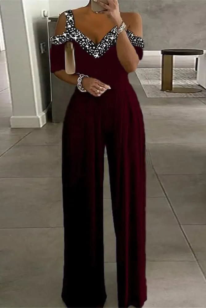 High-waist rhinestone jumpsuit in wine red, front view