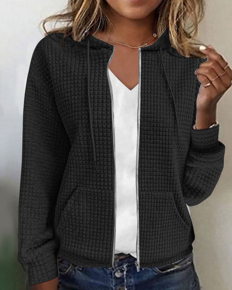 Textured zip-up hoodie in black
