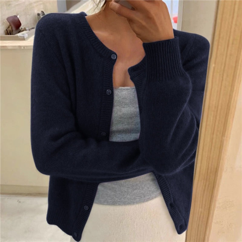 Ribbed cuff round neck cardigan in sea blue, front view