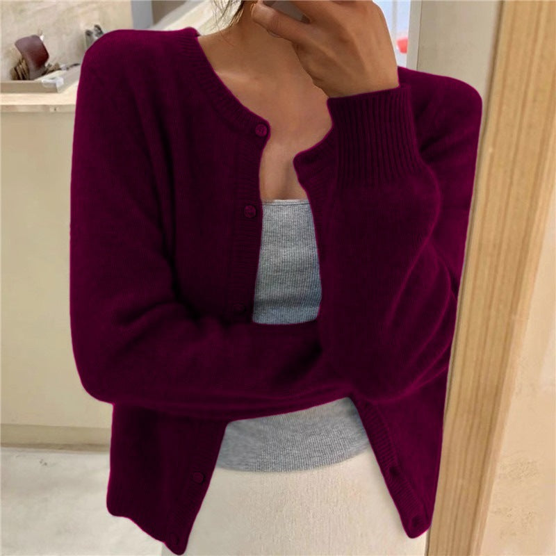 Ribbed cuff round neck cardigan in dark purple