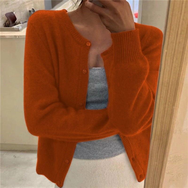 Ribbed cuff round neck cardigan in orange