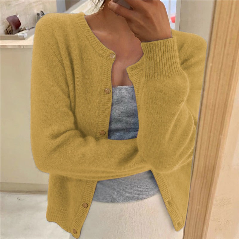 Ribbed cuff round neck cardigan in yellow