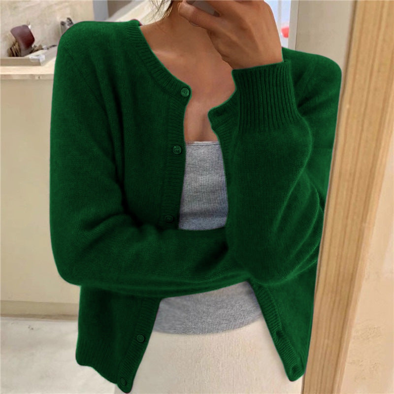 Ribbed cuff round neck cardigan in green