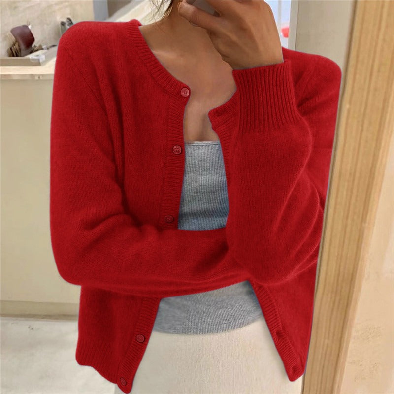 Ribbed cuff round neck cardigan in red