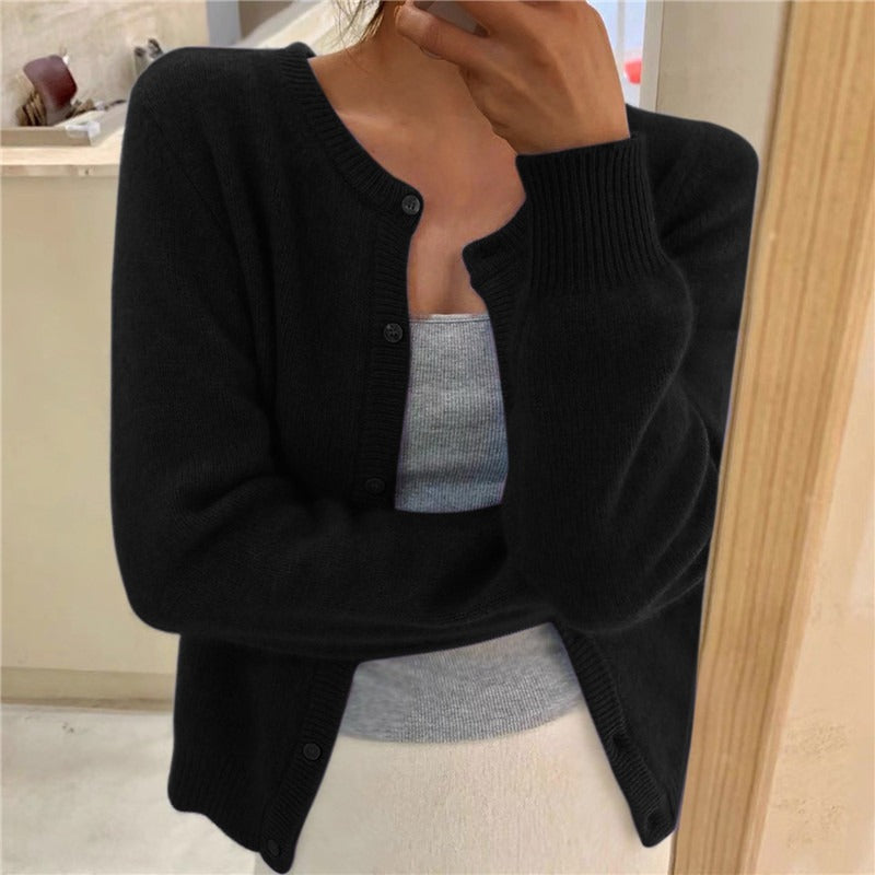 Ribbed cuff round neck cardigan in black
