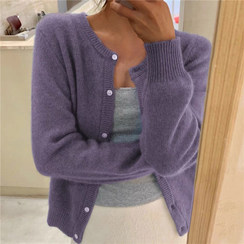 Ribbed cuff round neck cardigan in purple