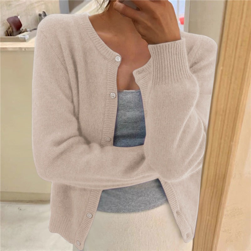 Ribbed cuff round neck cardigan in beige