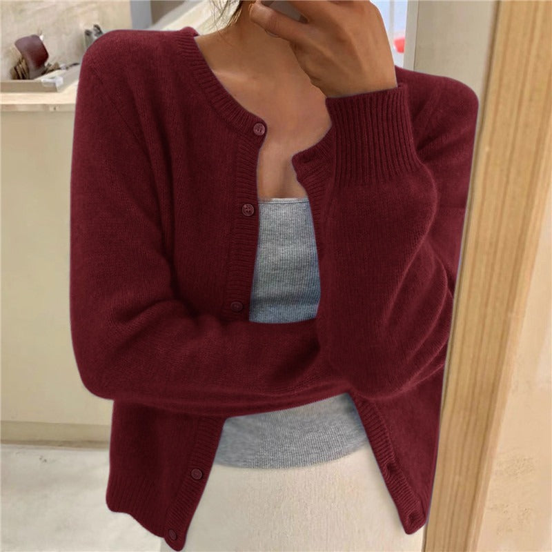 Ribbed cuff round neck cardigan in wine red