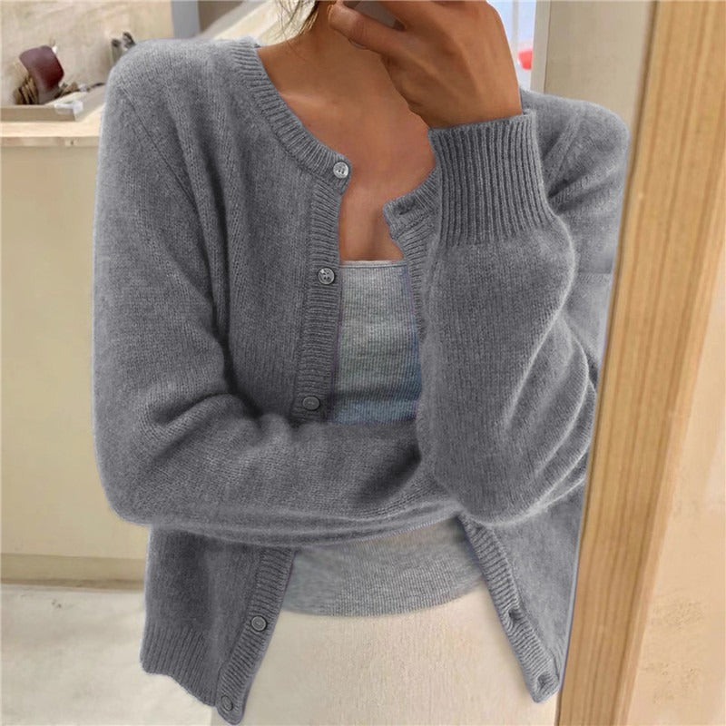 Ribbed cuff round neck cardigan in gray