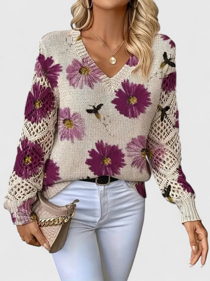Printed v-neck openwork sweater in red