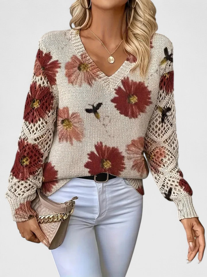 Printed v-neck openwork sweater, alternate view