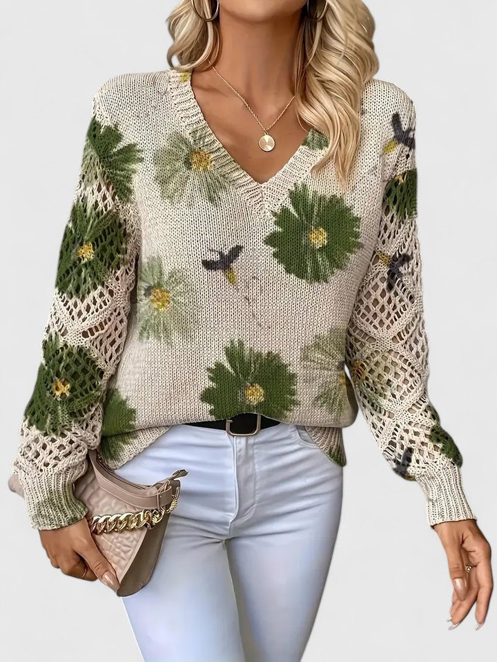 Printed v-neck openwork sweater, detail view