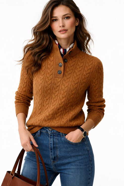 Button mock neck cable knit sweater in brown, front view