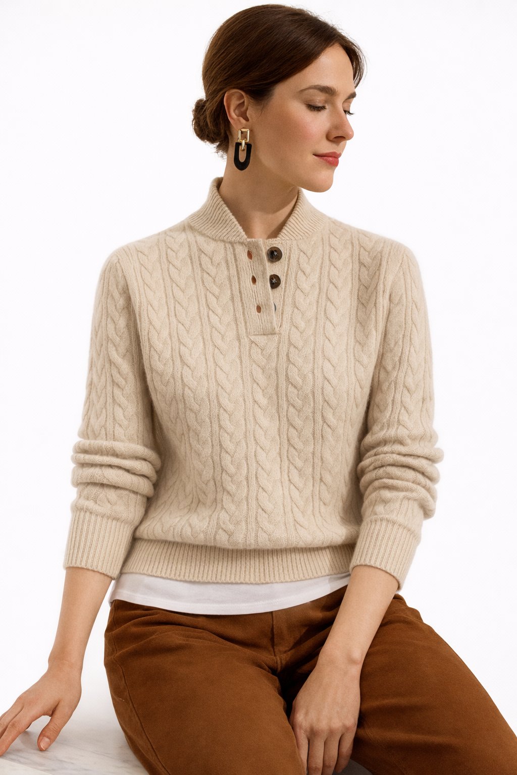 Button mock neck cable knit sweater in beige, front view