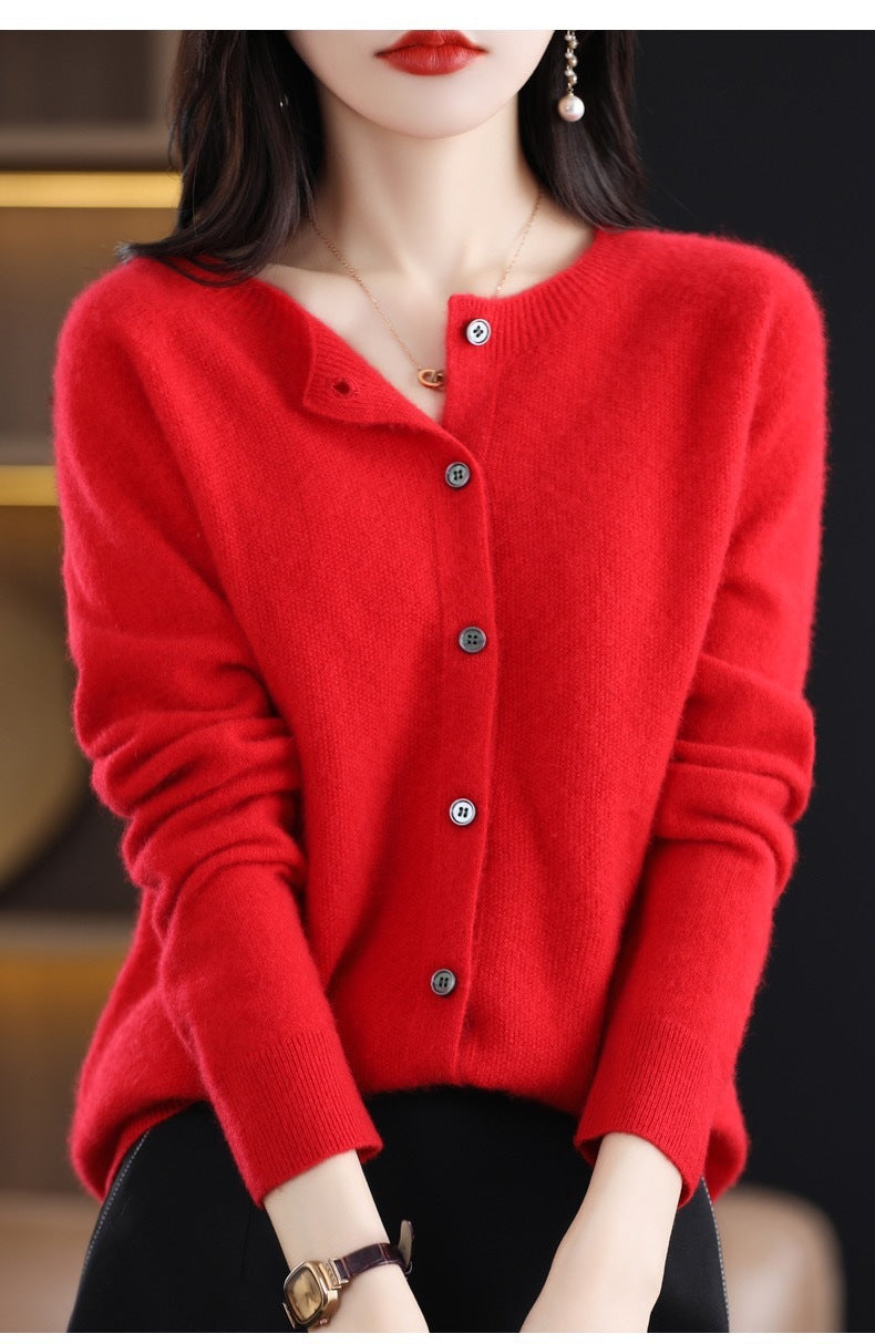 Everyday round neck cardigan in red