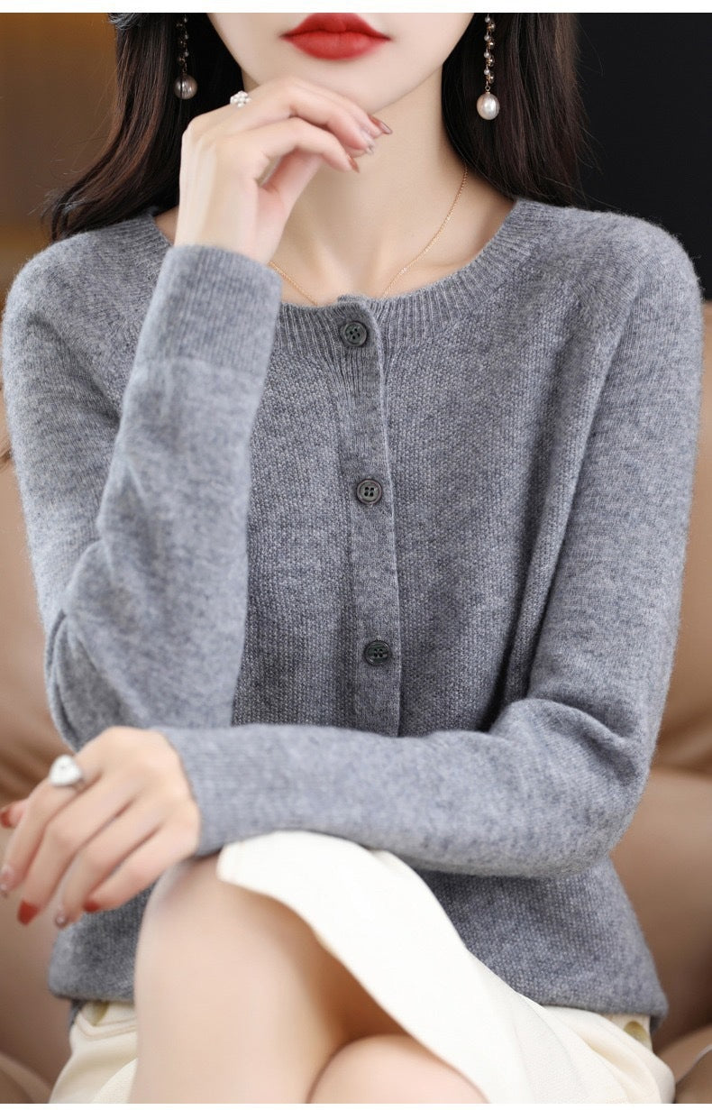 Everyday round neck cardigan in gray
