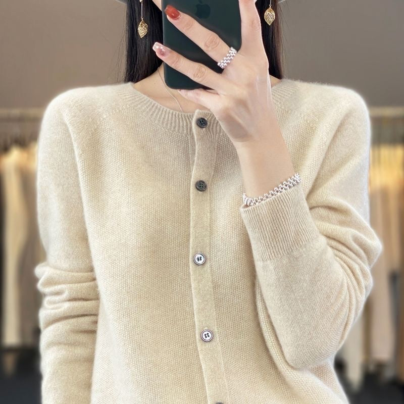 Everyday round neck cardigan in khaki