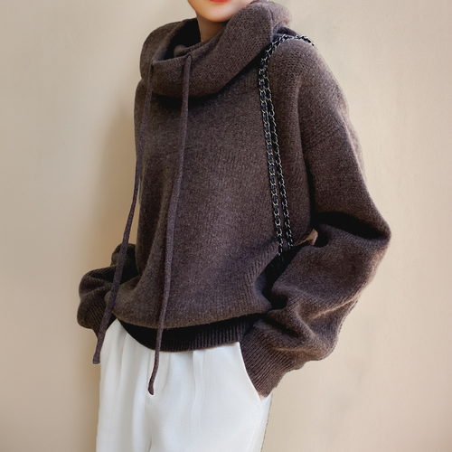 Cowl hood drawstring sweater in brown, front view