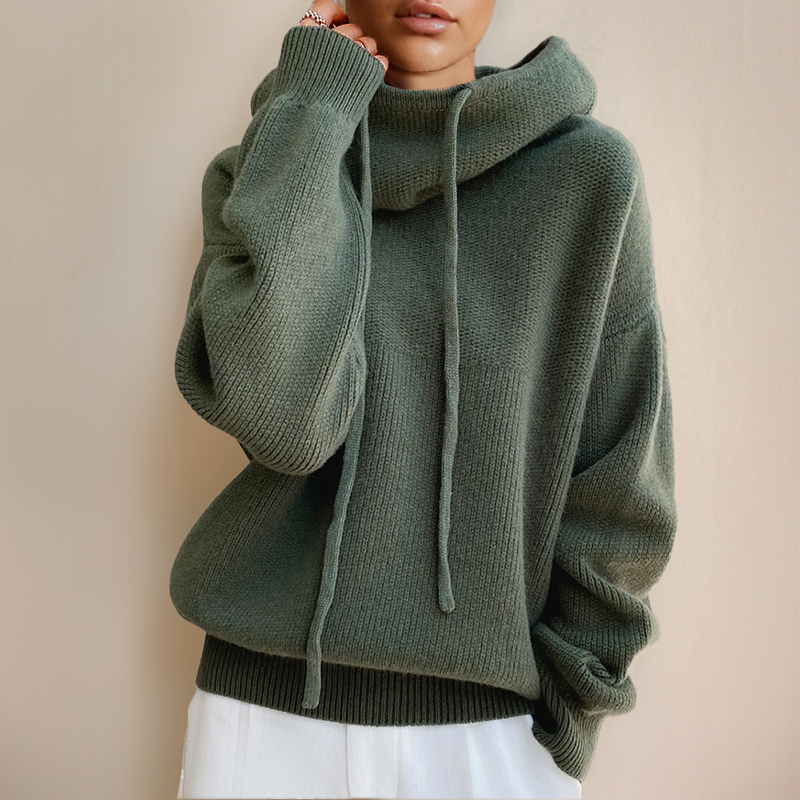 Cowl hood drawstring sweater in green