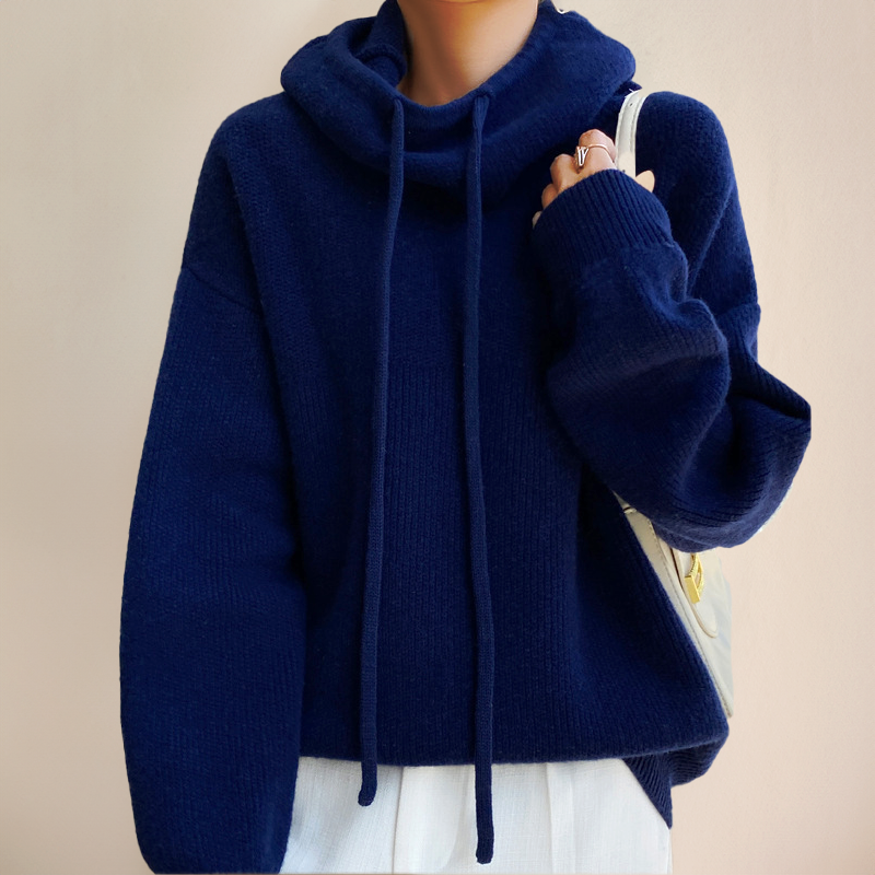 Cowl hood drawstring sweater in navy