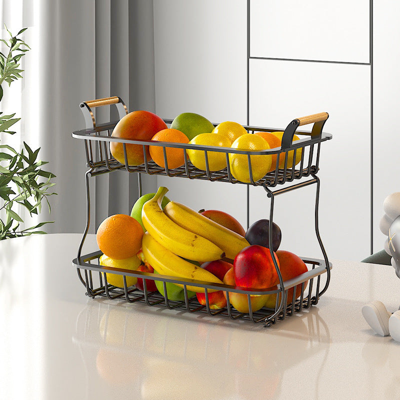 Two-Tier Metal Fruit Basket with Wood Handles