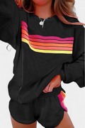 Striped crew neck lounge set in black, front view