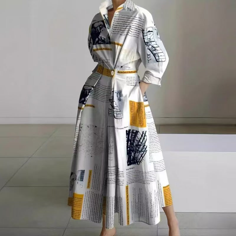 Front wrap collared maxi dress, yellow newspaper print