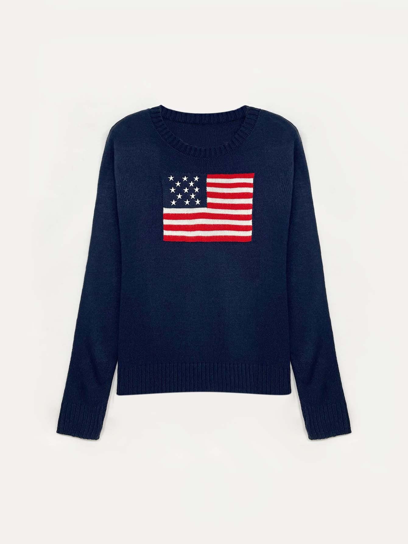 Flag motif knit sweater in dark blue, product view