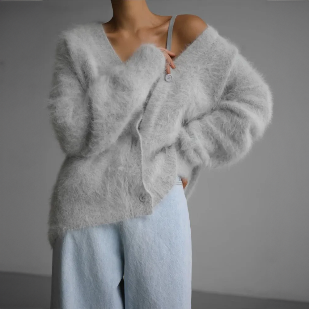 Fuzzy balloon sleeve v-neck cardigan in gray