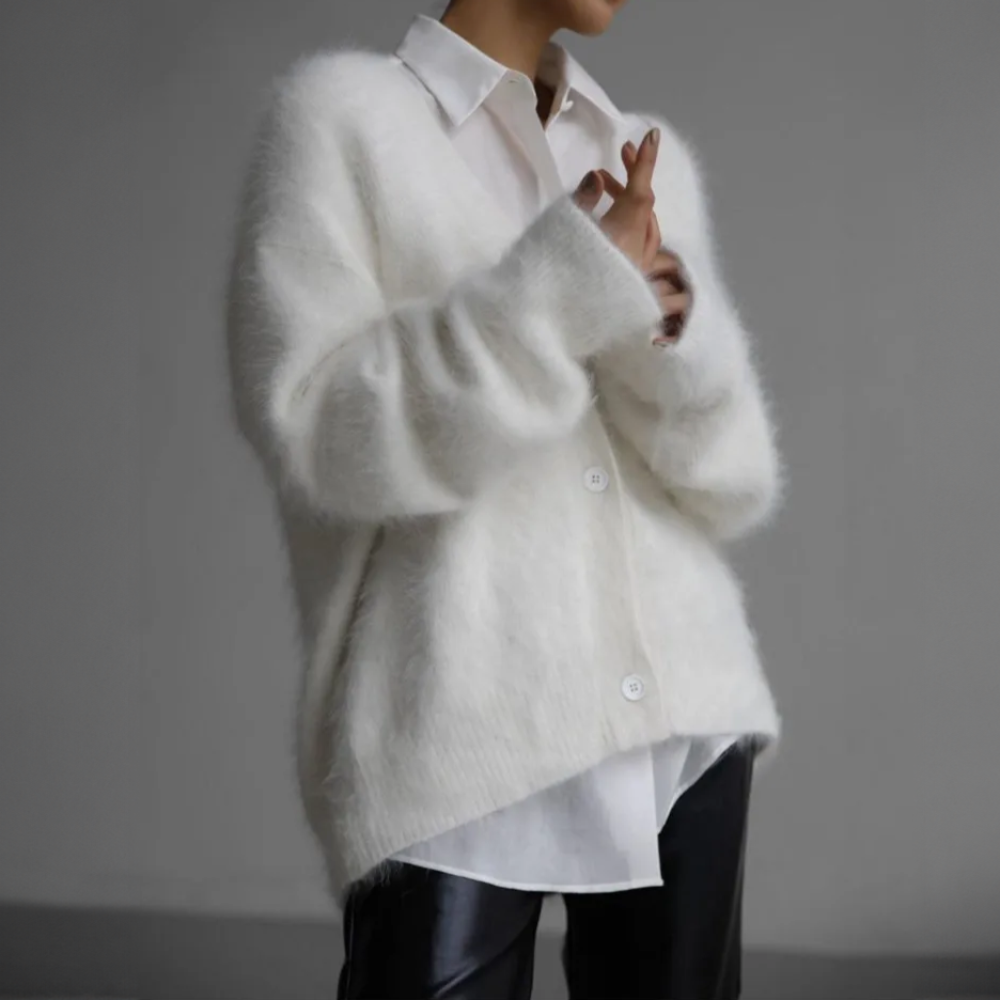 Fuzzy balloon sleeve v-neck cardigan in white