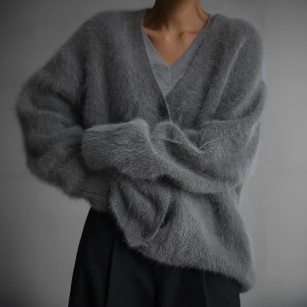 Fuzzy balloon sleeve v-neck cardigan in dark gray